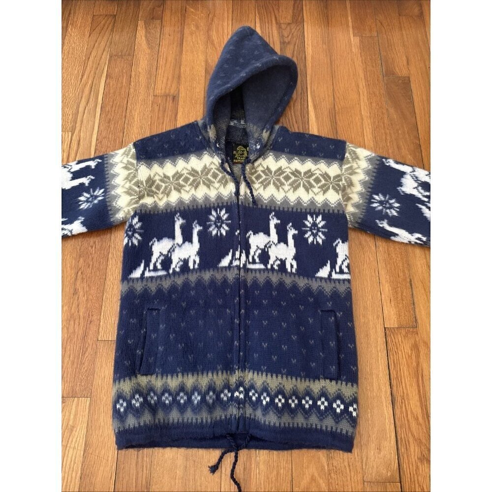 Tejidos Ruminahui Blue White Alpaca Hoodie Zip Sweater Jacket Unisex Kids size 8 - Picture 3 of 6